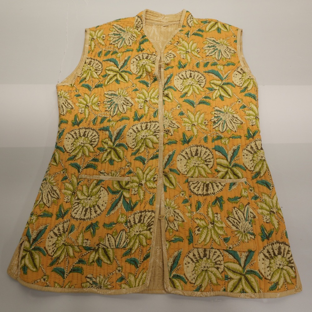 Vintage Quilted Floral Block Print Vest Mustard Yellow Green Large Boho Artisan